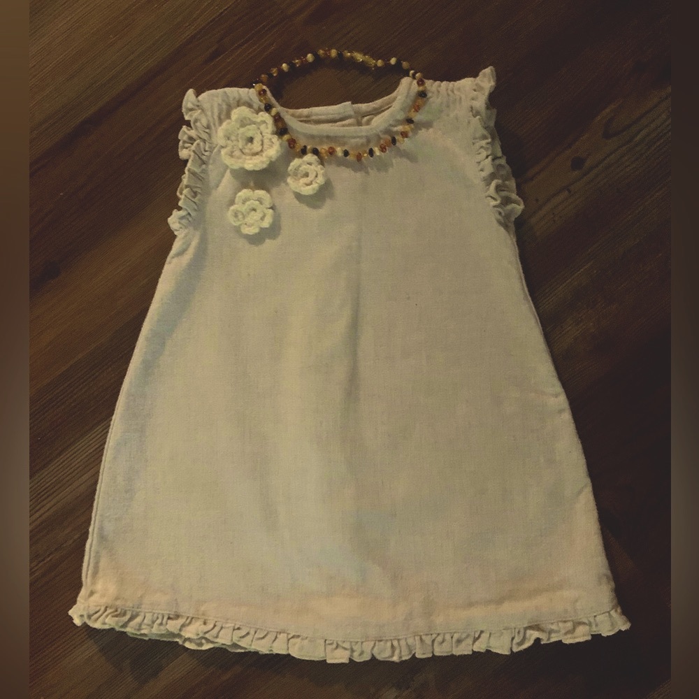 Petite Bateau Brush Cotton Dress w/ crotchet Embellishments.